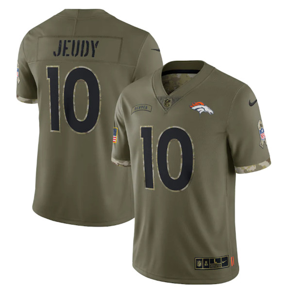 Men's Denver Broncos #10 Jerry Jeudy 2022 Olive Salute To Service Limited Stitched Jersey - Click Image to Close